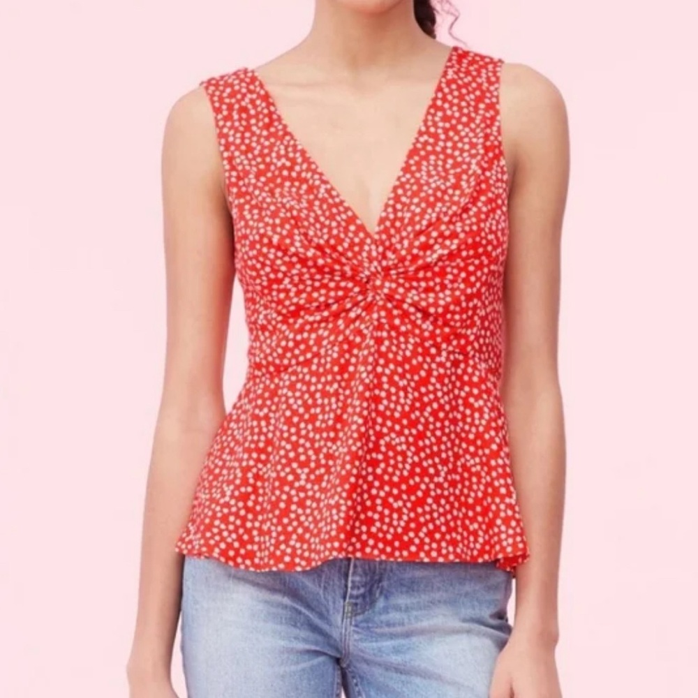 Rebecca Taylor Red Malia Floral V Neck Silk Twist Tank